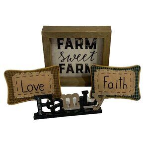 Farm 4 Piece Decor Sign Family Plaque Love Faith Mini Pillow Brown Country Cabin